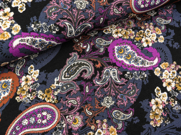 Leichter Viskosesweat Paisley und Blumen bunt auf Schwarz