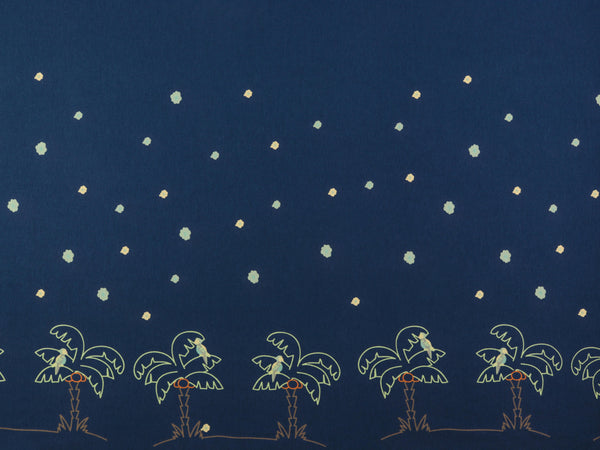 Baumwolljersey Palmeninsel bunt auf Dunkelblau Bordüre