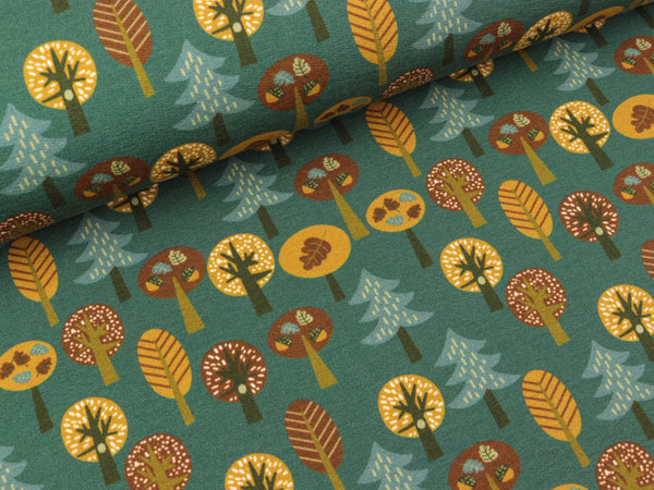 Baumwollsweat Basel Herbstwald bunt auf Dunkelgrün