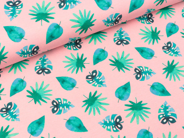 Baumwolljersey Tommy Blätter grün auf Rosa