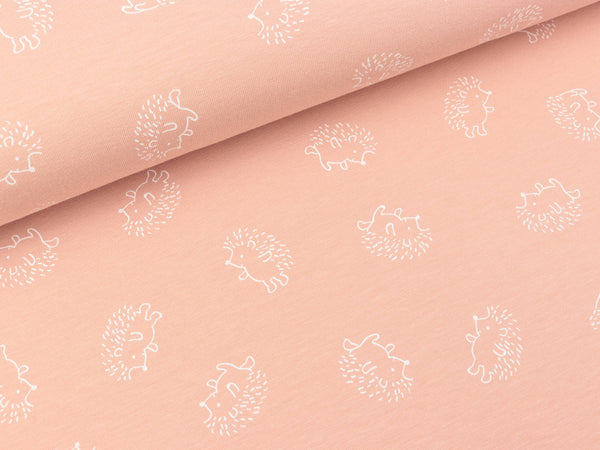 Baumwolljersey Kleine Igel weiß auf Rose