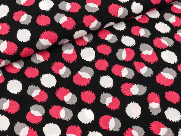 Viskosestoff Chally Kugeln himbeere-hellgrau-weiß auf Schwarz