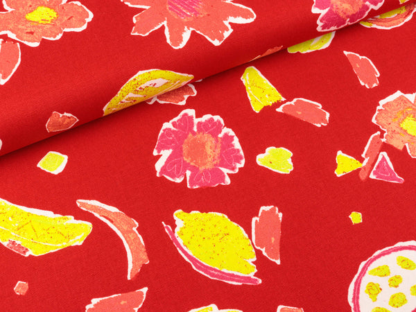 Baumwollcanvas Blumen und Blätter bunt auf Rot