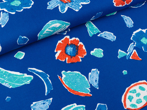Baumwollcanvas Blumen und Blätter bunt auf Royalblau