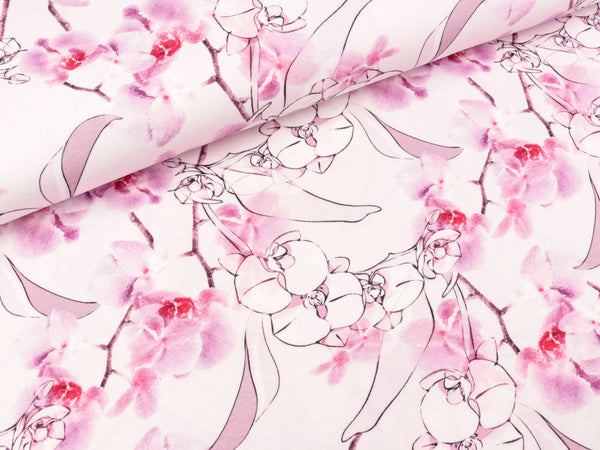 Baumwolljersey Jonne Orchideen flieder auf Zartrosa