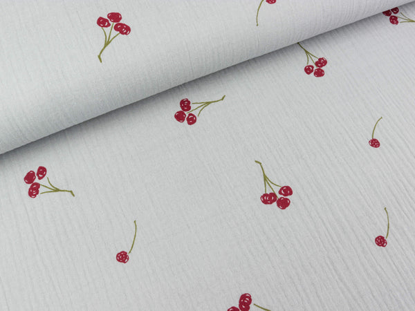 Baumwoll Double Gauze Kirschen rot auf Hellgrau