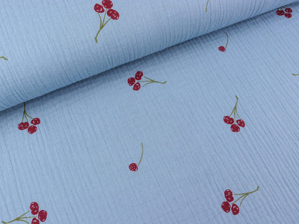 Baumwoll Double Gauze Kirschen rot auf Rauchblau