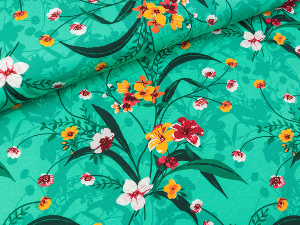 Baumwolljersey Matti Blumen bunt auf Smaragd