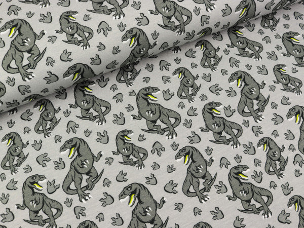 Steinbeck Baumwolljersey Dinos Dinosaurier grau-lime auf Hellgrau
