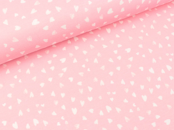 Baumwolljersey Lisbet Kleine Herzen weiß auf Rosa