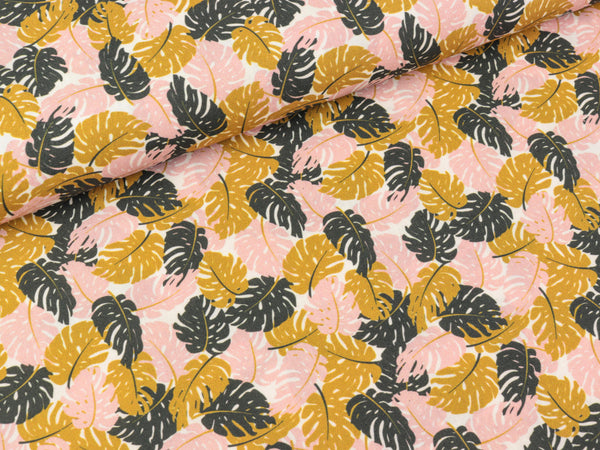 Baumwoll Webware Toni Monsterablätter rosa-grau-ocker auf Weiß
