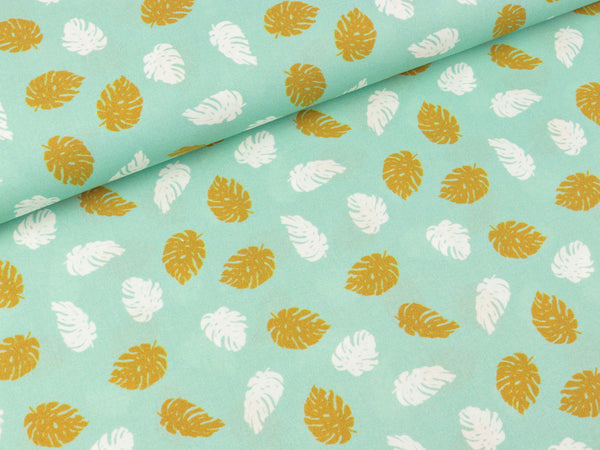 Baumwoll Webware Toni Kleine Monsterablätter weiß-ocker auf Mint