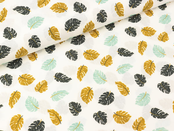 Baumwoll Webware Toni Kleine Monsterablätter mint-ocker-grau auf Weiß