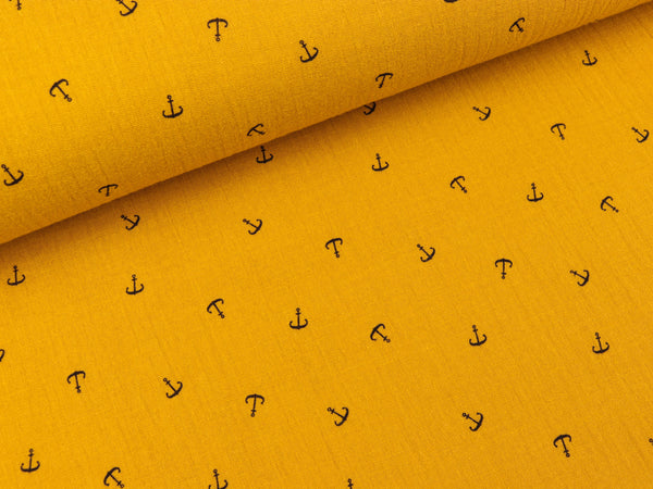 Baumwoll Double Gauze Jeron Kleine Anker dunkelblau auf Senfgelb