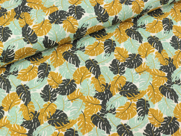 Baumwoll Webware Toni Monsterablätter mint-schwarz-ocker auf Weiß