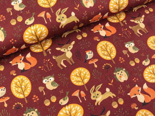 Baumwollsweat Basel Waldtiere bunt auf Bordeaux