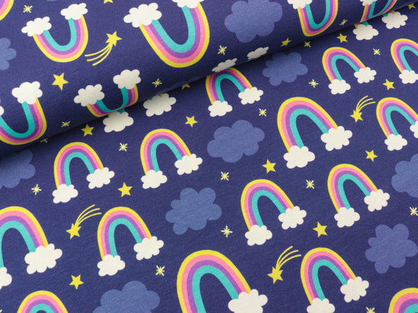 Baumwolljersey Prinzessin Phantasie Regenbogen bunt auf Dunkelblau