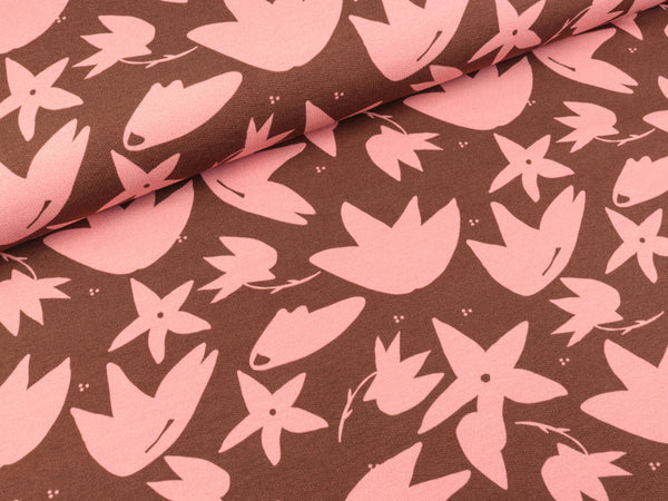 French Terry Cozy Blumen rosa auf Braun by brinarina