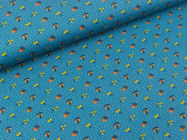 Steinbeck Baumwolljersey Woody Pilze, Eicheln und Beeren auf Blau