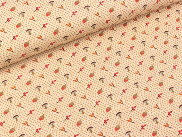 Steinbeck Baumwolljersey Woody Pilze, Eicheln und Beeren auf Creme mit hellbraunen Pünktchen