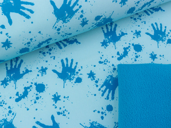 Softshell Hände und Kleckse blau auf Hellblau