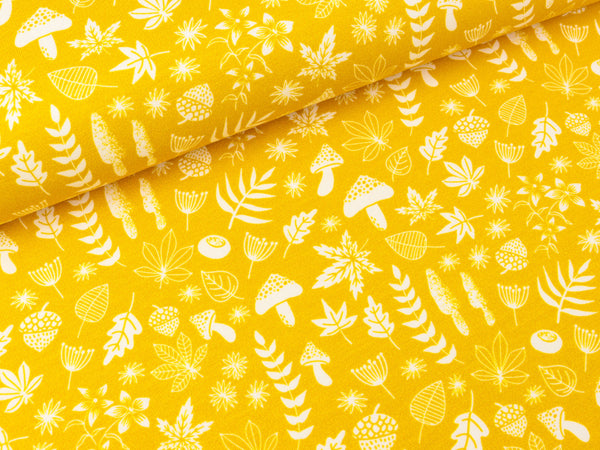 Baumwolljersey My little Foxy Schätze des Waldes weiß auf Goldgelb by Christiane Zielinski