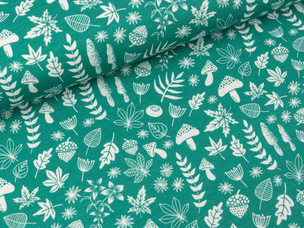 Baumwolljersey My little Foxy Schätze des Waldes weiß auf Smaragd by Christiane Zielinski