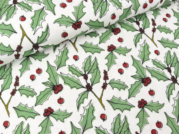 Baumwolljersey Feliz Navidad Ilex auf Weiß