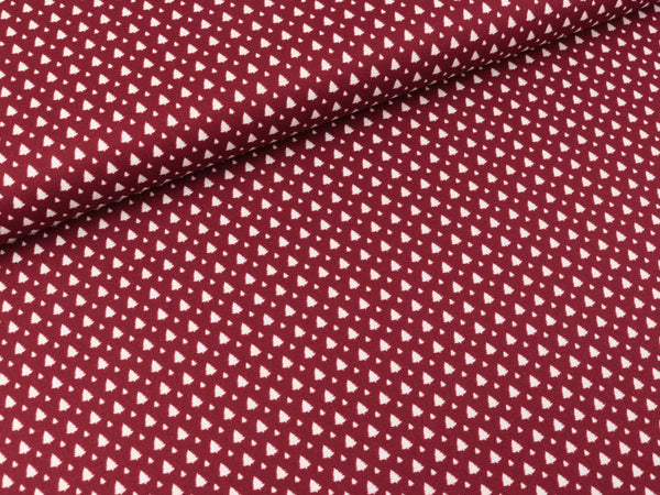 Baumwoll Webware Nordpol Minitannenbäume weiß auf Dunkelrot
