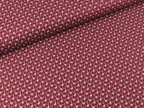 Baumwoll Webware Nordpol Minihirsche weiß auf Dunkelrot