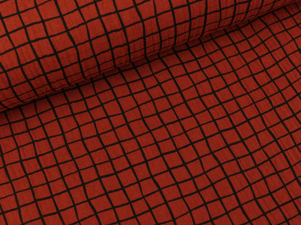 Baumwoll Double Gauze Jeron Gittermuster schwarz auf Terracotta