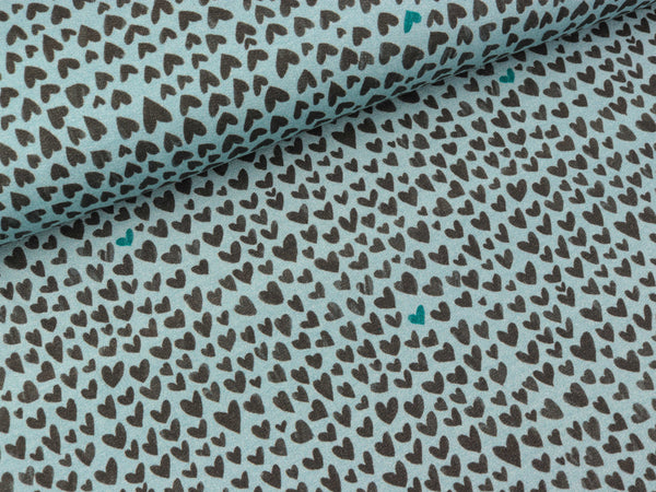 French Terry Mini Forest Kleine Herzen anthrazit auf Hellblau