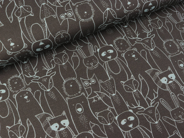 French Terry Mini Forest Tiermotive hellblau auf Anthrazit