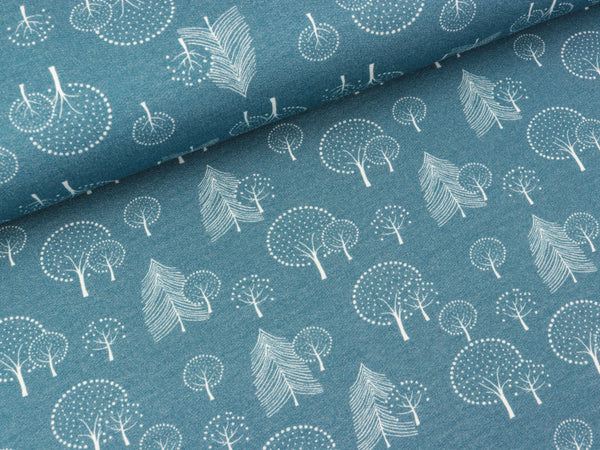 French Terry Mini Forest Bäume weiß auf Rauchblau