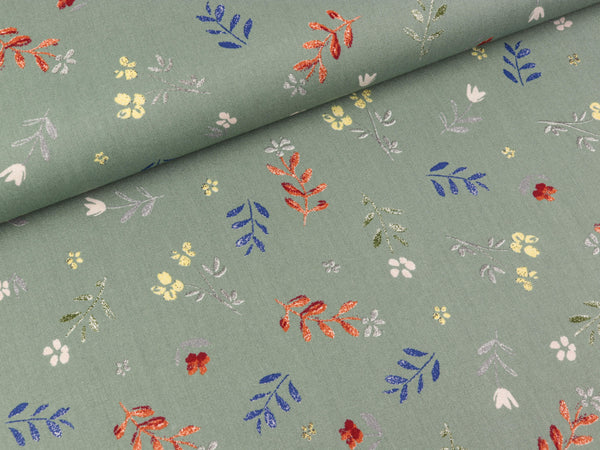 Baumwollpopeline Small Flowers bunt auf Dusty mint Organic Cotton