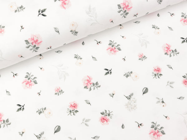 Baumwolljersey Theo Kleines Rosenmuster auf Weiß