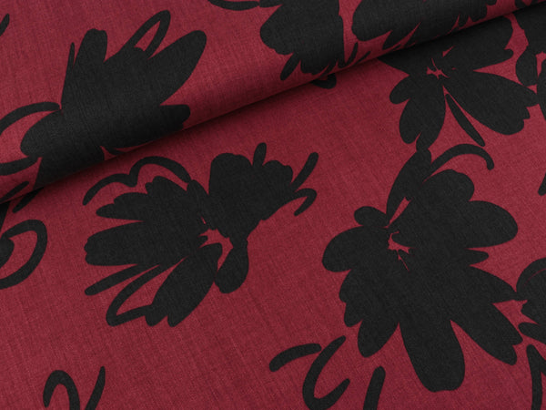 TENCEL Webware Blumen schwarz auf Weinrot
