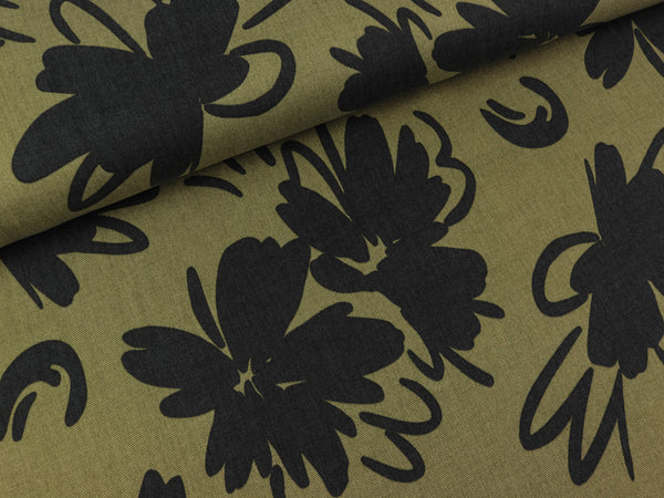 TENCEL Webware Blumen schwarz auf Oliv