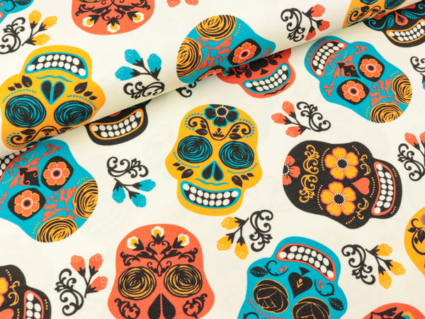 Baumwolljersey Jonne Suger Skulls bunt auf Creme