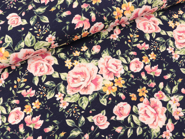 Baumwolljersey Jonne Bunter Rosentraum auf Nachtblau