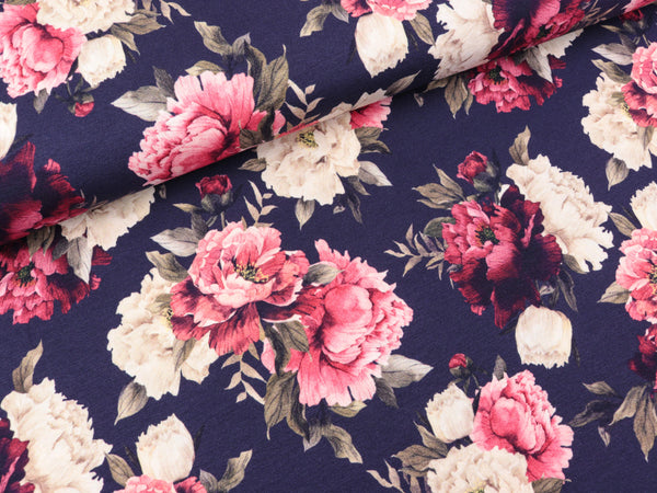 Baumwolljersey Jonne Wildrosen auf Dunkelblau