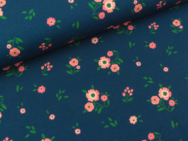 Baumwolljersey Jonne Kleine Blümchen auf Petrol