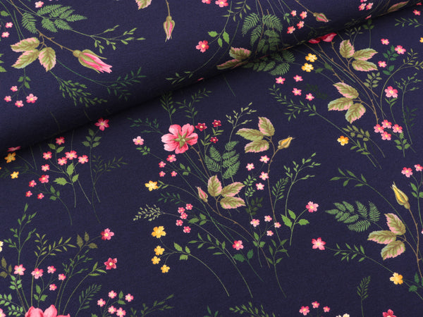 Baumwolljersey Jonne Zartes Blumenmuster auf Dunkelblau