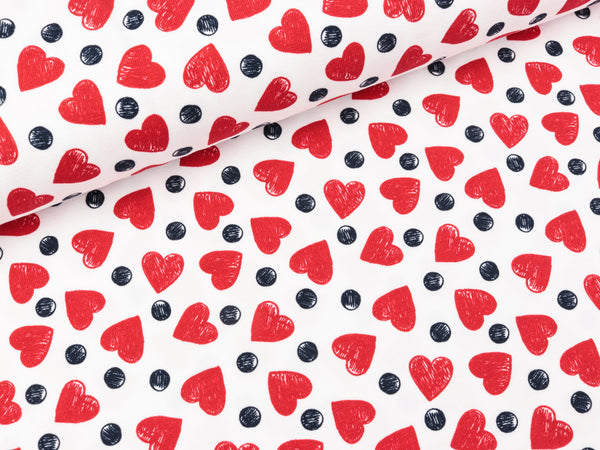 Baumwolljersey Theo Herzen und Tupfen auf Weiß