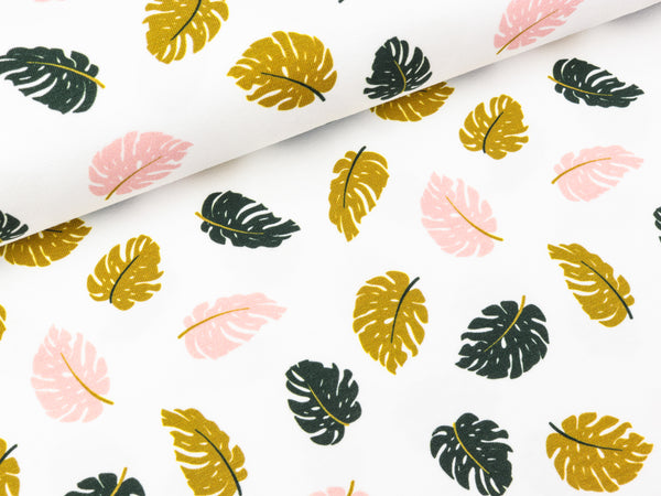 Baumwolljersey Theo Kleine Monsterablätter rosa-ocker-schwarz auf Weiß