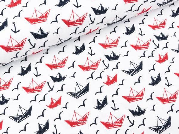 Baumwolljersey Theo Papierschiffchen, Anker und Möwen Weiß