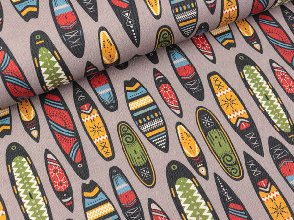 Baumwollcanvas Happy Surfbretter auf Grau