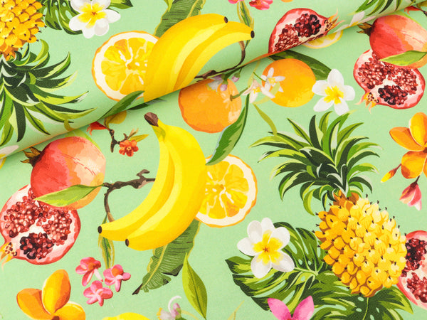 Baumwollcanvas Happy Tropische Früchte auf Lindgrün