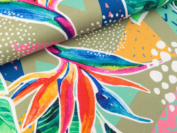Modal French Terry Flavour Papageienblumen und große bunte Blätter