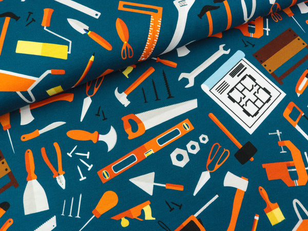 Baumwolljersey Jesse Werkzeuge bunt auf Petrol